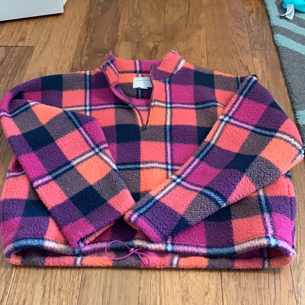 american eagle plaid teddy cropped quarter zip